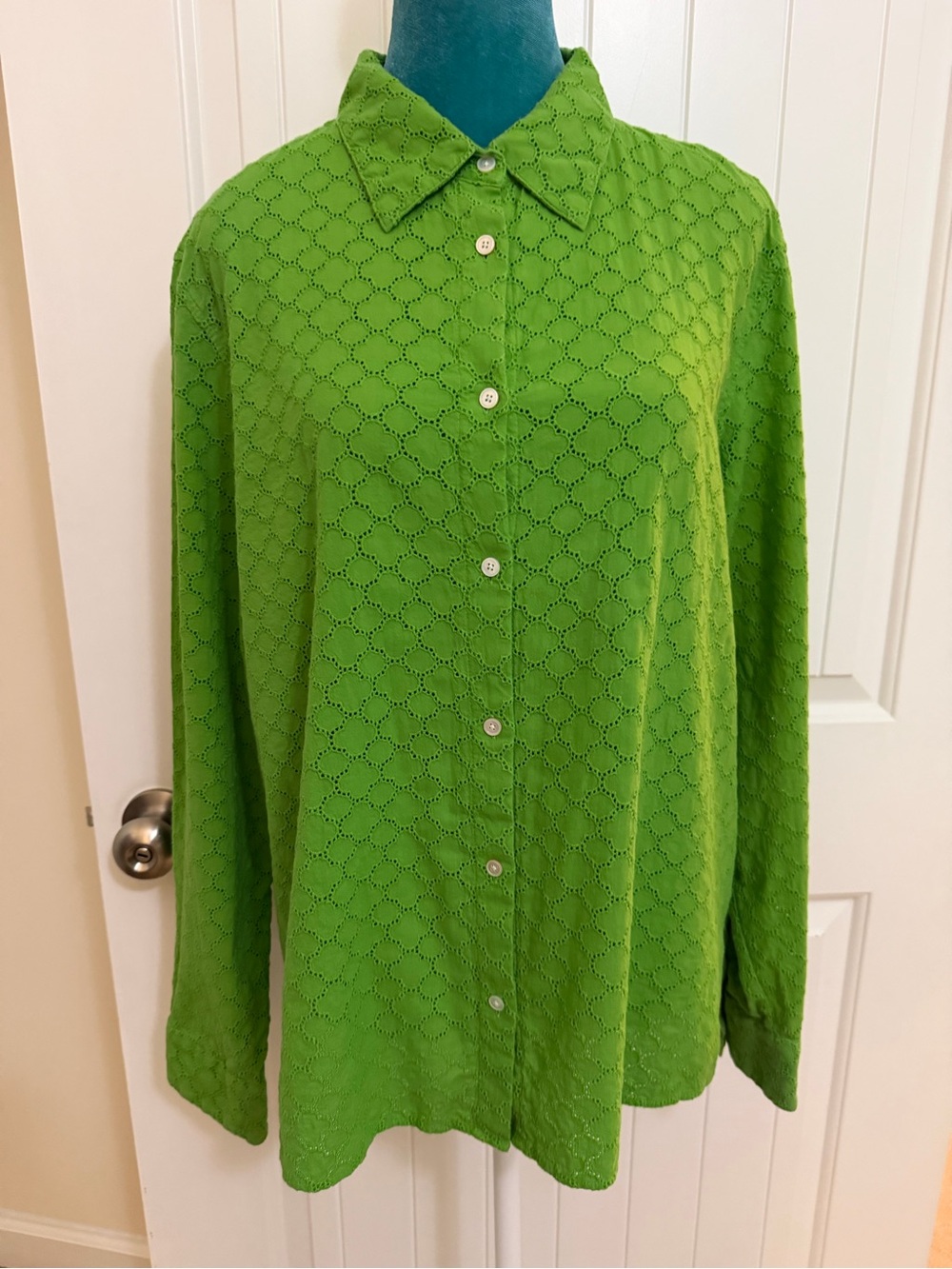 Talbots Vibrant Bright Green Eyelet Long Sleeve Blouse Sz XL